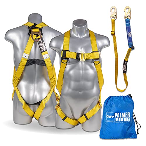 Palmer Safety (2 Pack) Safety Harness w/Detachable 6' Single Leg Lanyard I INTERNAL Shock Absorbing Lanyard I OSHA/ANSI Safety Kit I Construction & Scaffolding Use (Yellow)