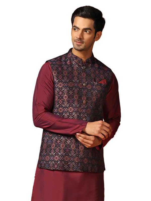 kisah Men's Nehru Jacket, Multi Jacquard, Woven Design Regular Fit Mandarin Collar Sleeveless | Traditional Wear for Men-picture-37