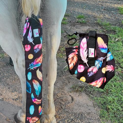 Image of MANE & STABLE Horse Tail Bag - 31.5 inch Waterproof Adjustable Tail Wrap, Black Feathers | Lined Protector for Braided or Loose Tails
