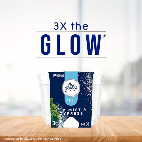 Miniatura 4 de Glade Tarro de vela perfumada de 3 mechas, niebla marina y ciprés, ambientador infundido con aceites esenciales, 6.8 onzas, 3 unidades