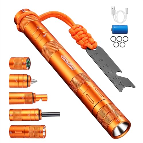 Camping Survival Kits, 9 in 1 Multitool Survival Kit mit Taschenlampe, Feuerstarter, Pfeife, Glasbrecher, Kompass, Paracord, EDC-Strumpffüller und Geschenke für Männer Frauen (Golden)