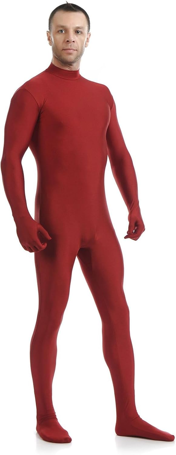 Men‘s One-piece Costume Without Hood Full Body Zentai Spandex Unitard Red Second Skin Body Suit Fancy Dress, Burgundy, XL/175-185cm