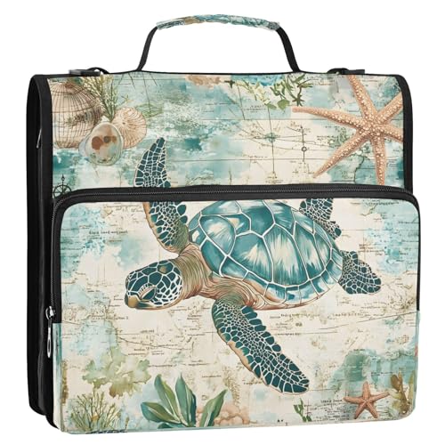 zyrtty 3 D-Ring Zipper Binder Bag, Sea Turtle Underwater Starfish Removable Binder with Zipper Case...