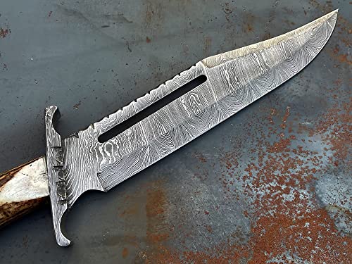 Handmade Damascus Hunting Knife- Bushcraft Full Tang Fixed Blade Hunting Knife With Sheath And Stag Horn Handle - 16'’ Outdoor Knife #TOP6