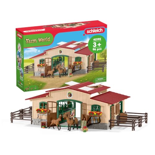 Image of Schleich Farm World - Stable with Horses and Accessories - Kids 3+ | 42195 | Farm Animal Figurine, Realistic Animal Toys, Barn Toy for Kids 3+, Screen-Free Imaginative Pretend Play, Montessori