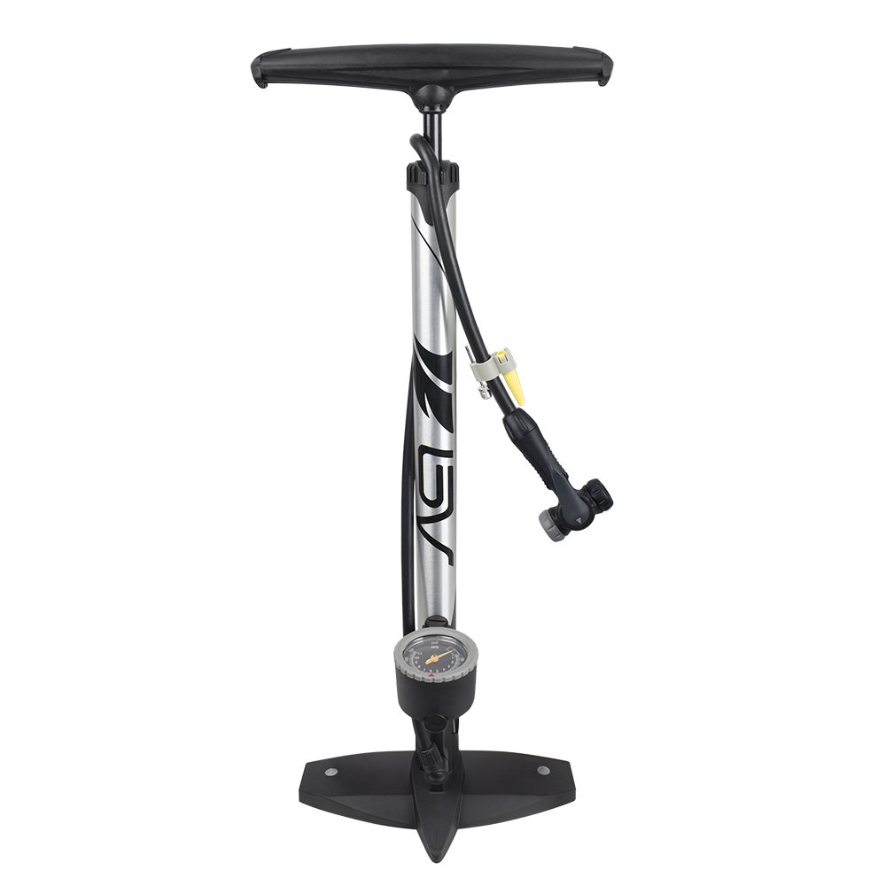 BV Bicycle Pump Durable Bike Floor Pump 17/24 inch Smart Valve Head, 160 psi, Automatically Reversible Presta and Schrader (Regular - Silver)
