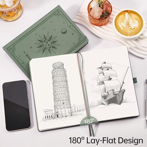 Image of EMSHOI Blank Journal Notebook, 192 Pages, A5 Size (5.7'' x 8.3'') | Leather Hardcover, 100 GSM Thick Paper, Unlined, Plain, for Sketching, Drawing, Painting, Sun Debossed (Light Green)