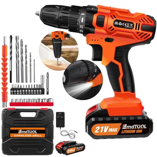 Cordless Combi Drill, 21V Power Drill Set, Electric Screwdriver Drill with 25+1 Torque Setting, 45Nm Power Tools Electric Drill Driver, 2 Speed, LED Light, 29pcs Accessories Battery Drill Kit for DIY