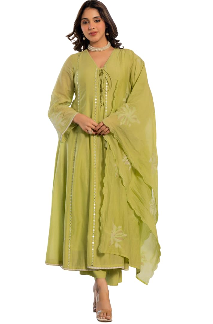 Women’s Chanderi Silk Kurta Set with Dupatta | Embroidered A-Line Anarkali Kurta | Mirror Work V Neck Tassel Detail Ethnic Suit Set Festive Wedding Functions-image-49