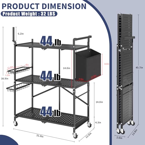 DTUQYX Foldable Outdoor Grill Cart with 3-Tier,Grill Cart,Grill Table for Outside with 2 Total Lock Casters, Pizza Oven Stand Table, Rolling BBQ Table and Folding Kitchen Island, Black (Large)