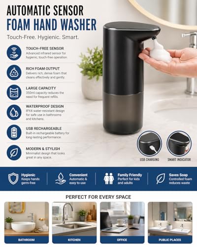 Image of Automatic Soap Dispenser Touchless | Infrared Sensor Hands-Free Liquid Soap & Sanitizer Dispenser | Battery Operated Hygienic Hand Wash Machine | Modern Design for Bathroom & Kitchen(Black)