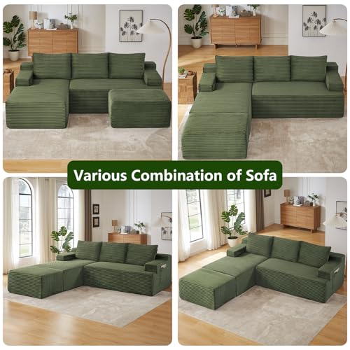 Image of 96.1 inch Modular Sectional Sofa with Ottoman, Modern Corduroy Cloud Couch, Boneless Couch Upholstered 3-Seater U-Shaped Sofa for Living Room, No Assembly (Green, Right-Facing Chaise)