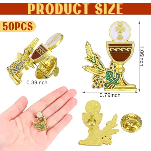 Image of Hoteam 50 Pcs First Communion Enamel Lapel Pins Bulk Chalice with Grapes and Wheat Gold Plated Religious Pins Gifts for First Holy Communion Catholic Baptism Christian Memorial Favors