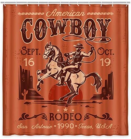 NYMB Retro Western Cowboy Shower Curtain, Traditional American Cowboy on Rearing Horse in Desert Cactus Fabric Shower Curtain, Sunset in Wild West Desert Cloth Bathroom Curtains, 69X70in