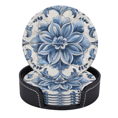 Ensemble de 6 sous-Verres Ronds en Similicuir avec Support, en Toile Blanche à Motif Floral Bleu Dominant.