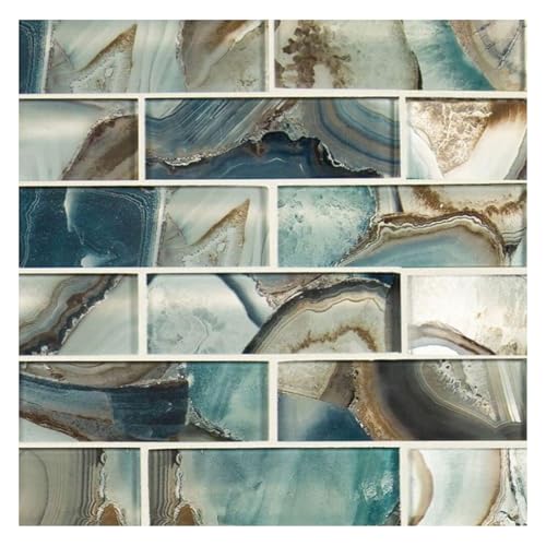 Tenedos 2x6 Ocean Blue & Brown Textured Glass Brick Mosaic