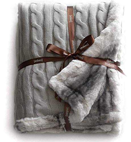 Cable Knit Sherpa Oversized Throw Reversible Blanket Faux Sheepskin Lined Cozy Cotton Blend