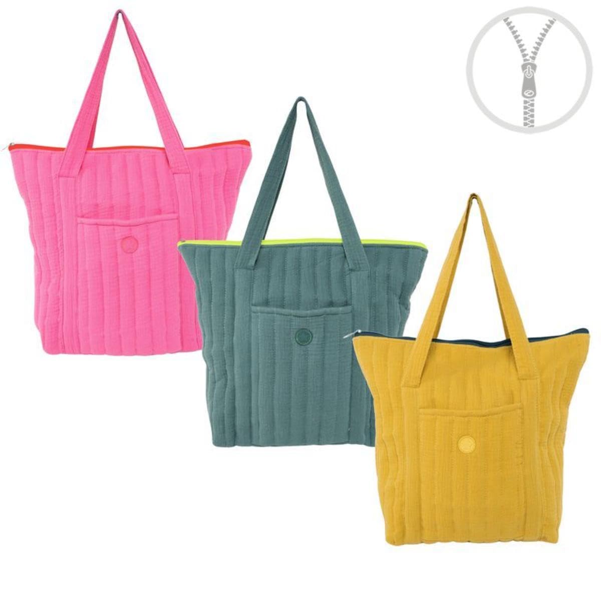 Lot de 3 sacs fourre-tout réutilisables en tissu coton avec fermeture éclair, 3 couleurs rose, vert, jaune, 40 x 35 cm