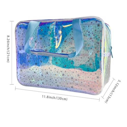 TotePrint TPU Holografisch Blau Durchsichtiger Stern Großer Kosmetikbeutel und Reisetasche mit Griff, langlebiges TPU-Material, Reißverschluss-Design - Ideal für Make-up, Reise-Essentials