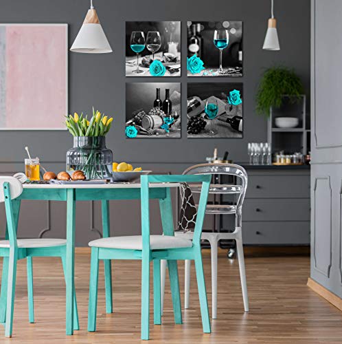 Kitchen Wall-Art - Wine Wall Decor For Bedroom Women Black And White Wall Pictures Modern Art Decorations For Living Room - Teal Rose Artwork - Gray Cask Canvas 14X14 Inches X4 Framed #TOP1