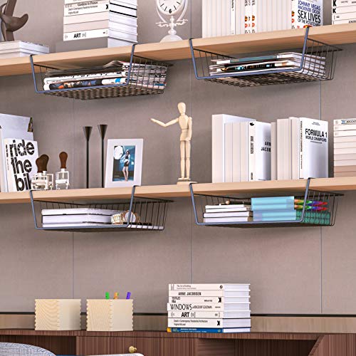 Hanging Under Shelf Storage Basket - Ispecle 4 Pack Under Cabinet Desk Storage Shelf Organizer Sliding Pantry Organization And Storage For Kitchen Pantry Bookshelf, Black #TOP4