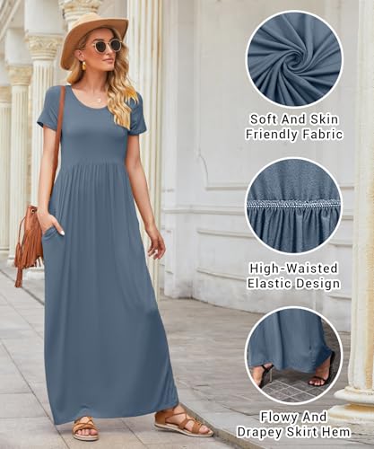 Image of EUOVMY Women's Short Sleeve Loose Plain Maxi Dresses Casual Vacation Long Dresses with Pockets