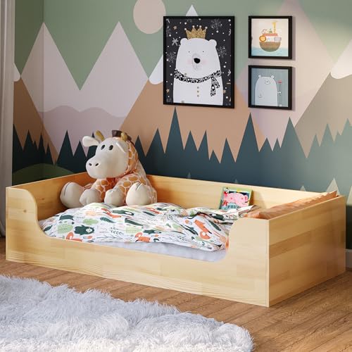 Bellabino Bodenbett AMU 80x160 cm, Montessori Kinderbett für Jungen und Mädchen aus Kiefer Massivholz inkl. Rolllattenrost Natur lackiert, Bett für Kinder Holz