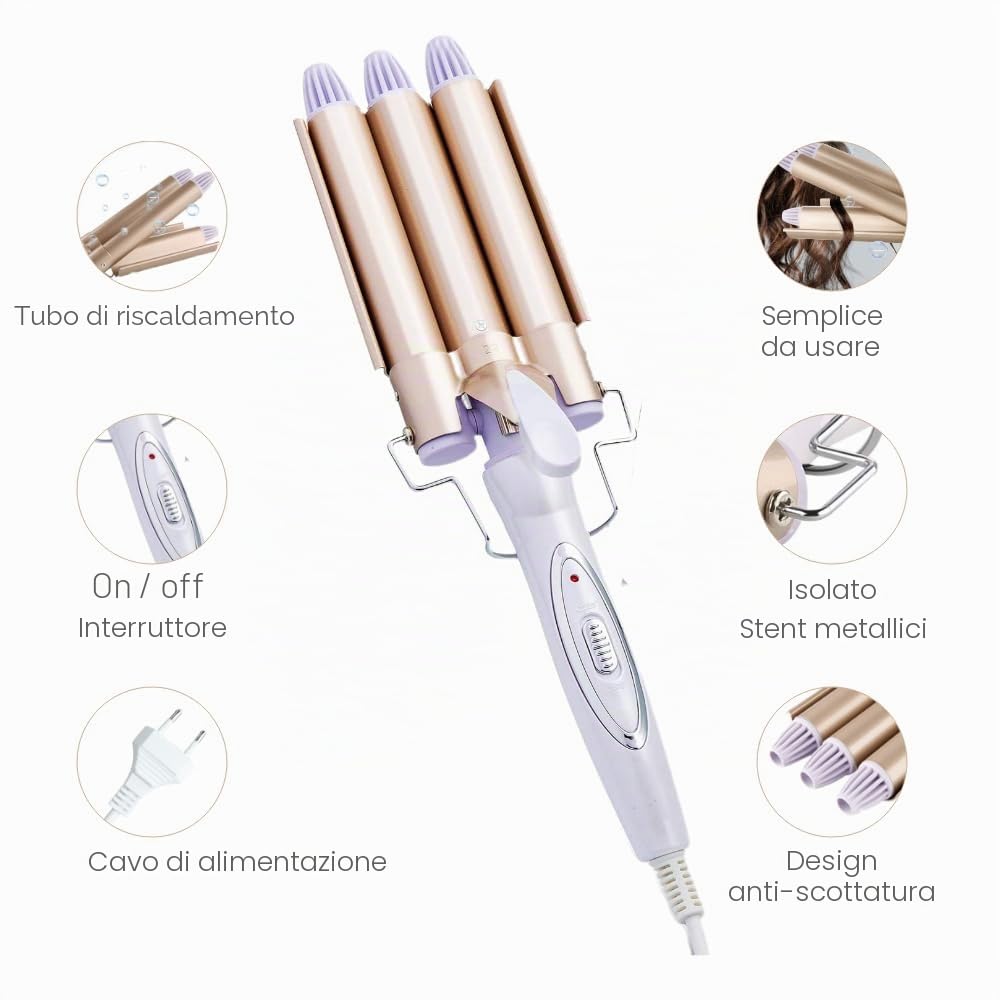 3 Tubi Piastra Onde Ferro Arricciacapelli, Reyke Professionale Ceramica Capelli 3 Rami, Temperatura Regolabile per Acconciature Effetto Riccio e Ondulati 22mm