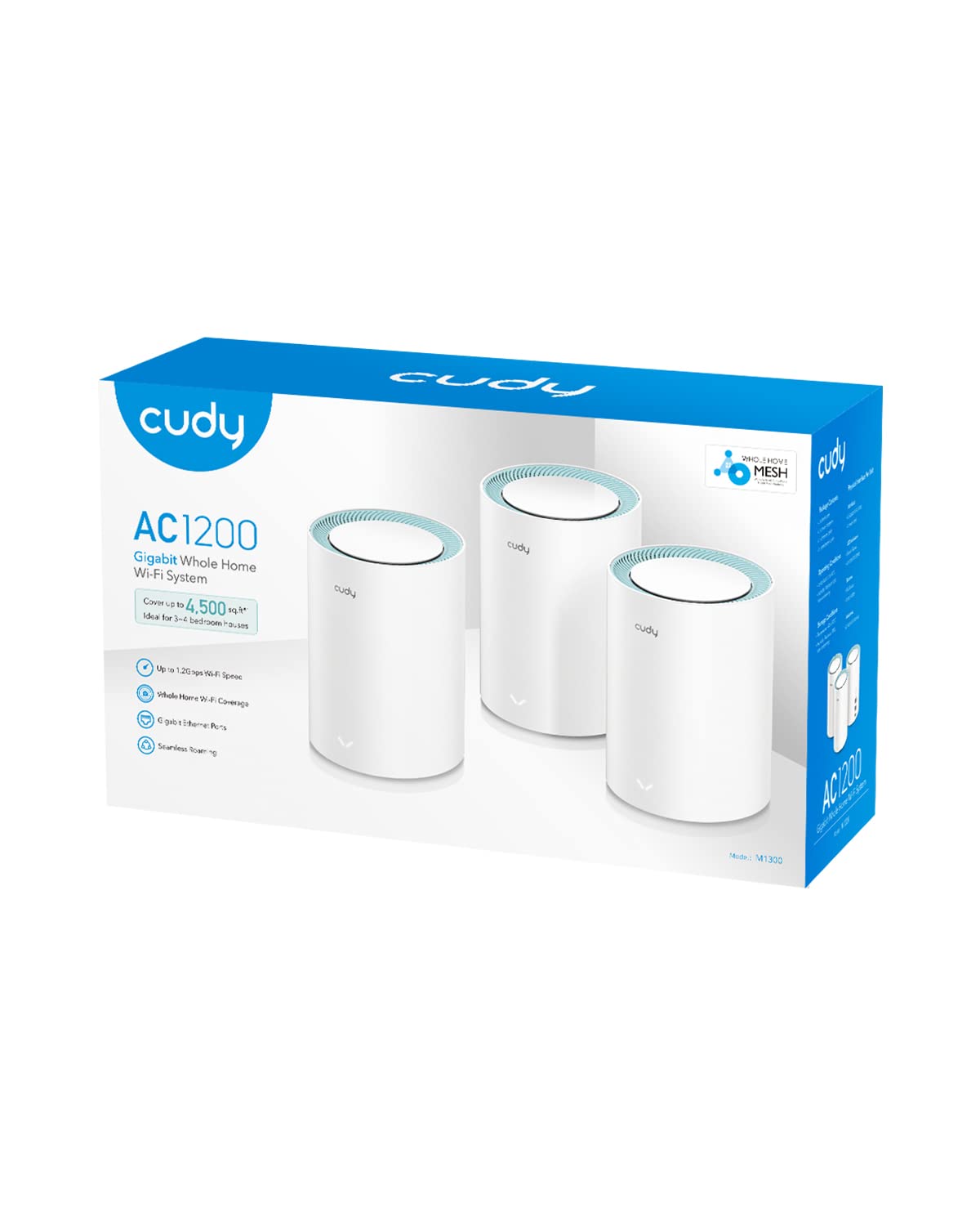 Cudy AC1200 Gigabit Sistema WiFi de Malla Completa, Banda Dual, Extensor WiFi, Puertos Gigabit, Antenas de Alta Ganancia, VPN, Cloudflare, Conecta hasta 100 Dispositivos, M1300 3 Paquete