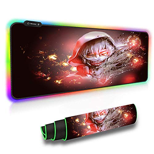 RGB Gaming Mouse Pads Tokyo Ghoul Anime Mouse Pad Luminous Color Computer Keyboard Mat Non-Slip Rubber Base Mouse Mat-11.8"X31.5"