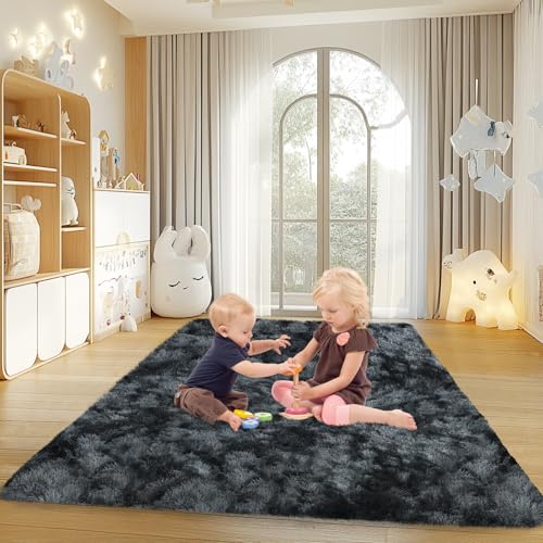 4x6 Rugs for Living Room, Large Fluffy Area Rugs for Bedroom, Soft Carpet Shag Kids Rug with 4 Non-Slip Rug Pads (Black Grey Tie-Dyed, 4ft x 6ft)