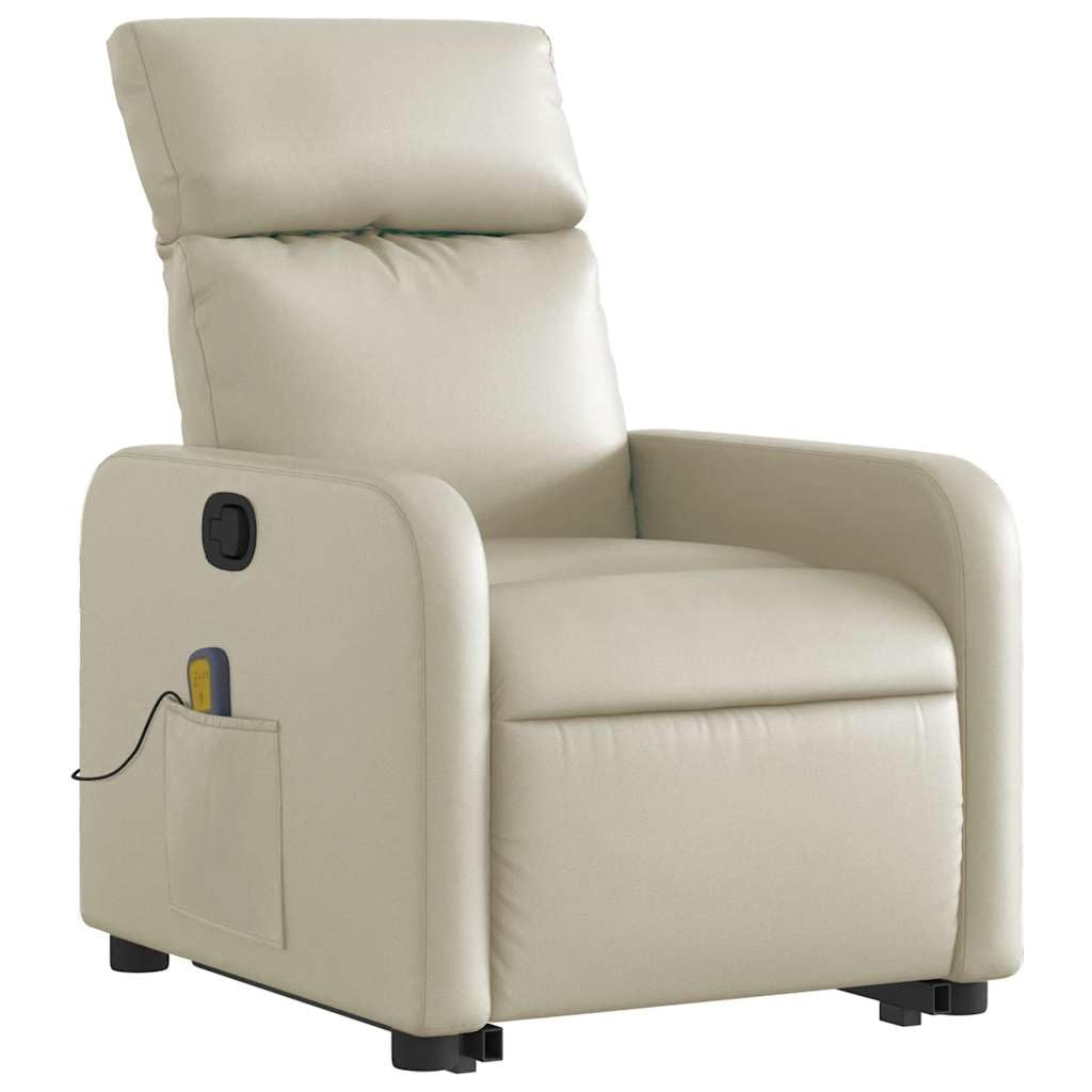 Massagesessel Creme Kunstleder mit Aufstehhilfe elektrisch, 6-Punkt-Vibrationsmassage, verstellbare Rückenlehne bis 135 Grad, Seitentasche, Stabiler Holz Metall Rahmen