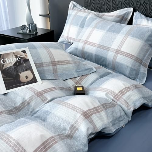 Image of VM VOUGEMARKET Blue Plaid Duvet Cover Queen,3 Pieces Soft Brushed Cotton Duvet Cover Set,Simple Modern Teen Boys Gingham Bedding Set Without Comforter-90x90 Inch