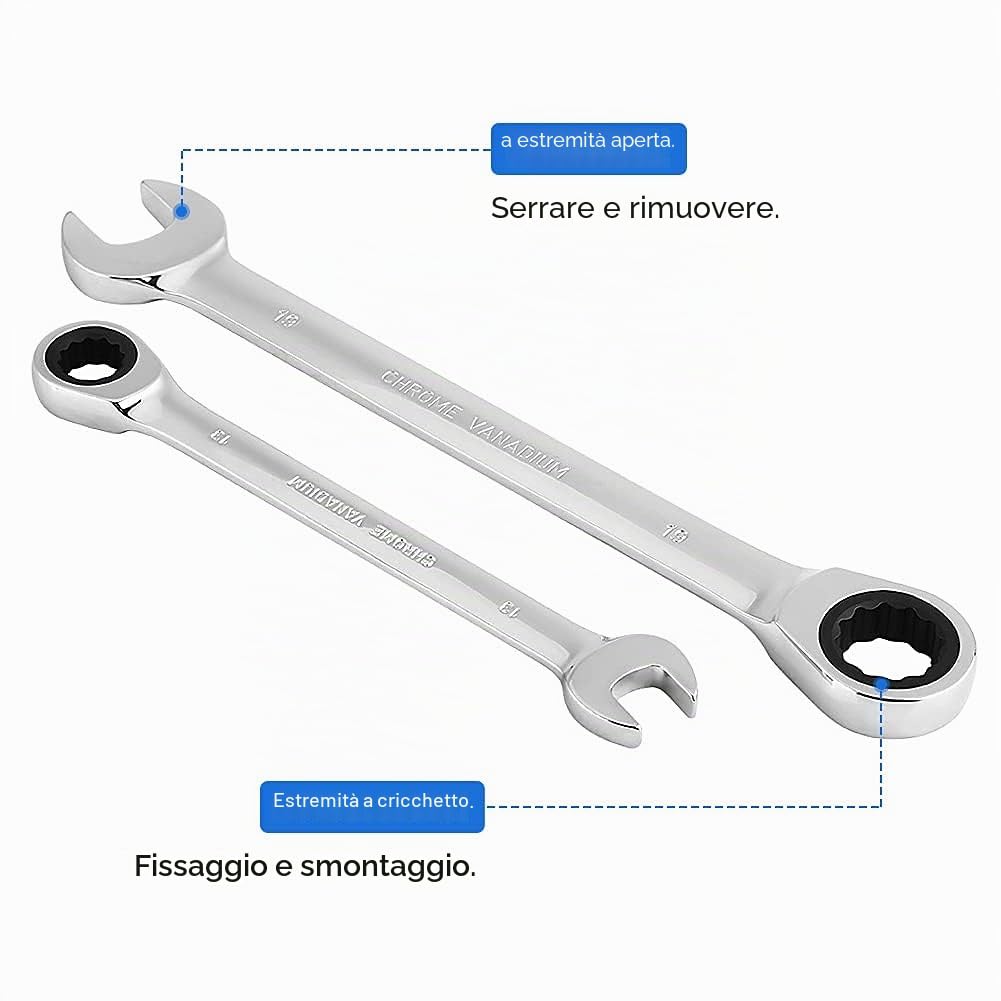 Set di Chiavi a Cricchetto Professionale, 12 Pezzi, Argento/Nero