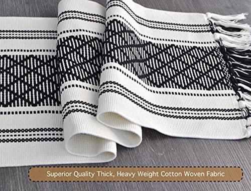 Boho Table Runner With Fringe 14 X 90 Inches, Black & Cream | Woven Washable Console Tabletop Runner / Dresser Scarf, Farmhouse Extra Long Heavy Cotton Table Topper Cover #TOP1