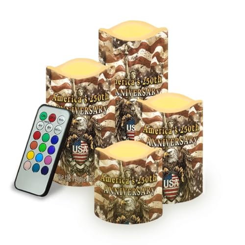 Image of 250th Anniversary Electric Candles American Flag Stars Pattern Flameless Candle Fourth of July LED Lights Flickering with Timer Decorations for Fireplace Living Room, 4 Pack
