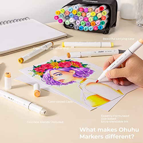 Ohuhu Alcohol Markers Brush Tip: Double Tipped Art Marker Set For Artist Adults Coloring Sketching Drawing Alcohol-Based Ink - Brush Chisel Dual Tips - Honolulu - 48 Colors W/ 1 Blender And Case #TOP2