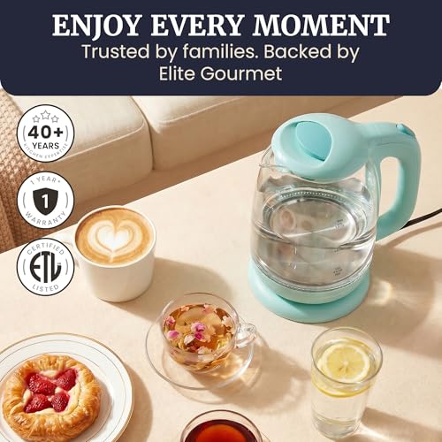 Image of Elite Gourmet EKT1792M 1.7L Glass Electric Kettle, Blue LED, 7.2 Cups, Auto Shut-Off, Boil-Dry Protection, 360 Cordless Base, Rapid Boil, Hot Water for Tea Coffee Oatmeal