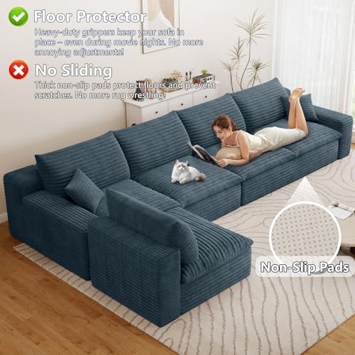 Image of 136 inch Cloud Couch Modular Sectional Sofa for Living Room, L-Shape Boneless Couch with Deep Seat, Modern Corduroy 5-Seater, No Assembly Required,Blue