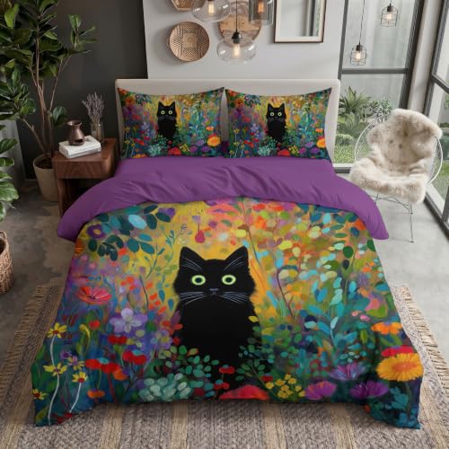 Housse de couette 220x240cm chat noir avec 2 taies d'oreiller - 2
