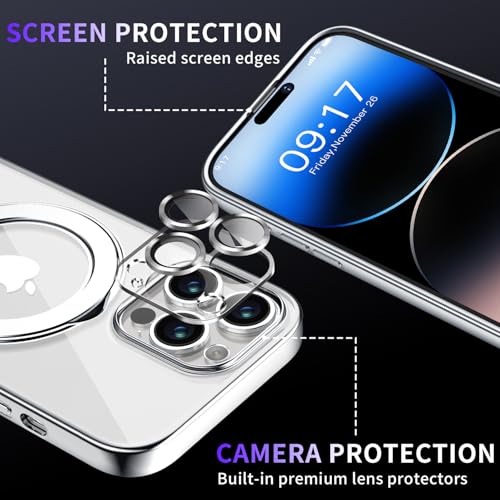 Image of Magnetic for iPhone 14 Pro Case with Invisible Stand[Compatible with MagSafe][Full Camera Lens Protector][Military Drop Protection] Shockproof Not Yellowing Clear Slim Soft for Women Men