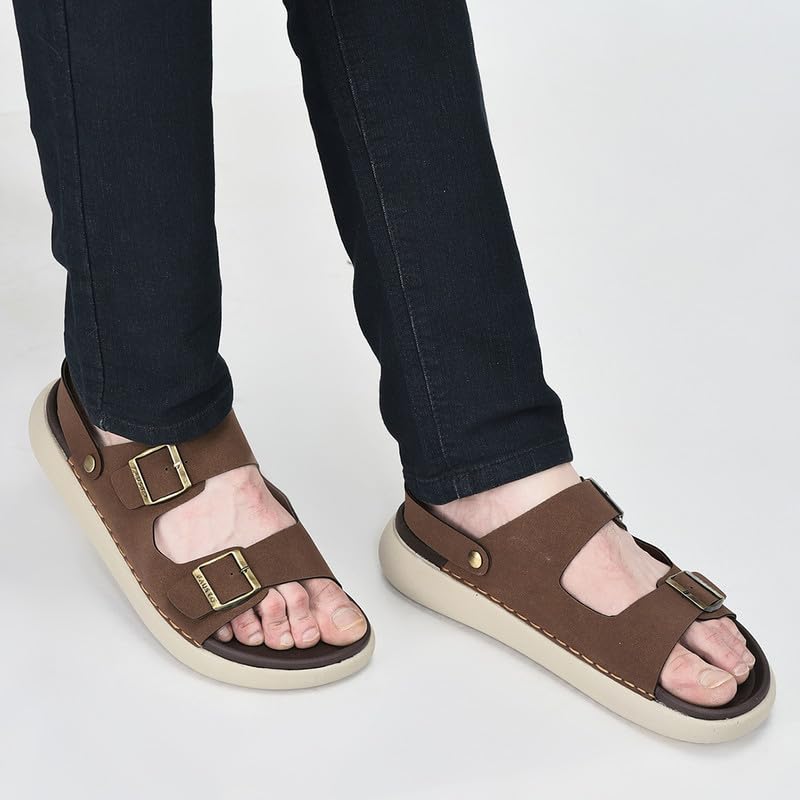 Image of FAUSTO Men Open Toe Double Strap Stitched Waterproof Sandals with Back Support|Soft Cushioned Insole|Summer Slip-On Slipper|Perfect For Monsoon Rainy Season
