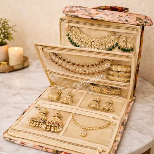 Image of Trendifly Foldable Multipocket Jewellery Organizer Suitcase for Women Embroidery Design Travelling Jewelry Sutcase Bag 5 Transparent Pockets Earrings Necklace Bangles Rings Girls (Flower Orange)