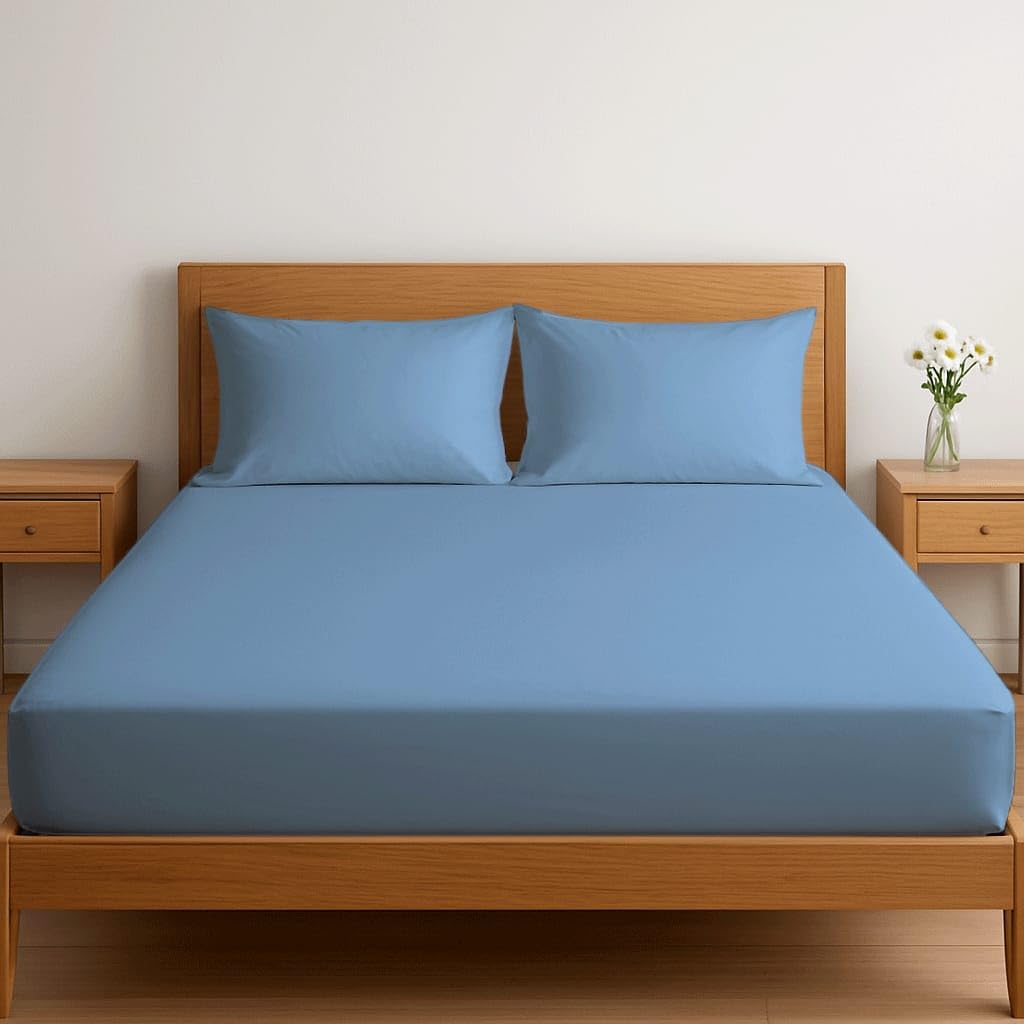 Novexa 3 Piece Egyptian Cotton Small Double Fitted Sheets 400 Thread Count 3PCS Deep Fitted Sheet Set with 2 Pillowcase Hotel Quality Bed Sheet Luxury Ultra Soft Bottom Sky Blue Fitted Bedsheets