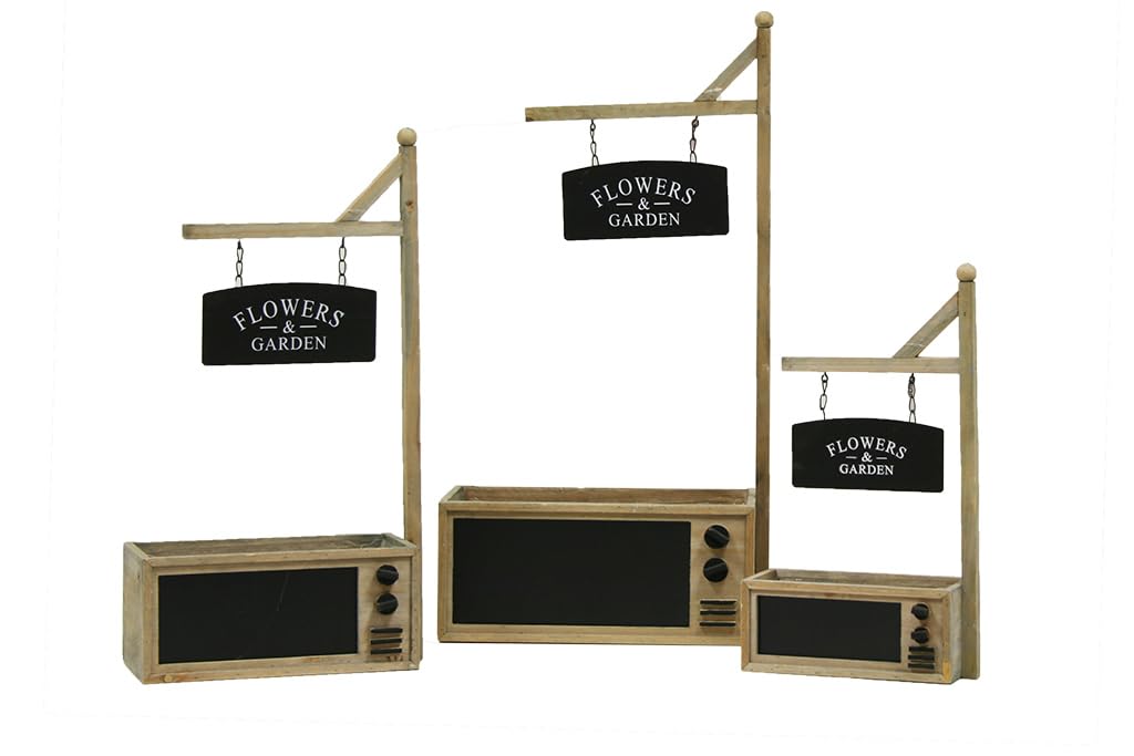 Flowers and Garden Macetero de Madera Natural con Forma de Radio Antigua con Cadena, Set de 3, Marrón y Negro, para Exterior, 33x17x14 cm, 28x13x11.5 cm, 21x11x9 cm