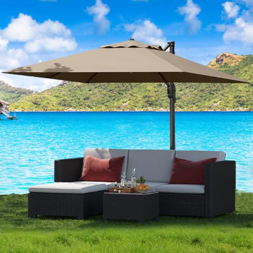 Large Cantilever Patio Umbrella, 10' X 10' Heavy Duty Aluminum Cantilever Offset Outdoor Umbrella with 360-Degree Rotation for Backyard, Deck, Pool, Tan