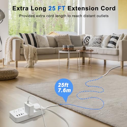 Extensión de cable plano de 25 pies, regleta de enchufes con 8 salidas y 4 puertos USB, protección contra sobrecarga, para uso interior, hogar y oficina, blanca miniatura 3
