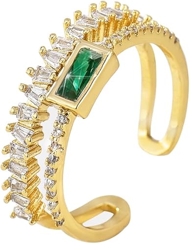 VOPIPO Anillo abierto de hoja de circonita cúbica ajustable chapado en oro de 18 quilates, delicado doble circonita cúbica, ramas de olivo, anillos