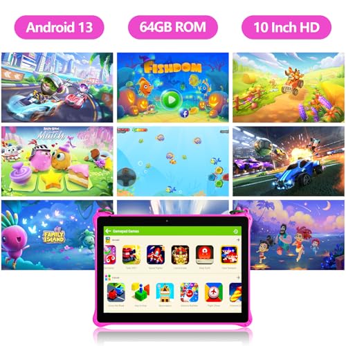 Image of PRITOM 10 inch Kids Tablets Android, 64GB, Tablet with Lanyard, Parental Control, HD IPS Display, WiFi, Dual Camera, Toddler Tablet for Kids, Pink