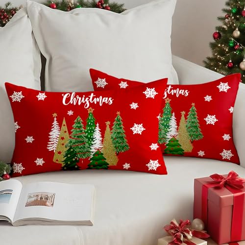 Vorysum Rot Chrismas Weihnachtsbaum Kissenbezug 30x50 cm 2er Set Samt...